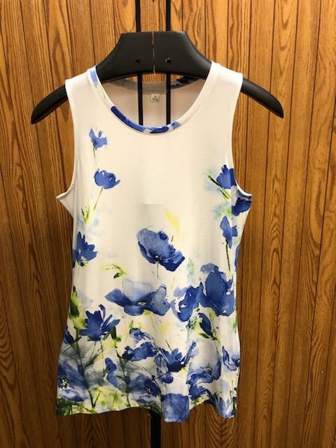 Susie Country Flower Top | White top with salmon country flower print and green accents available in:  Coral  Royal  Round neckline  Sleeveless  Small - Extra large
