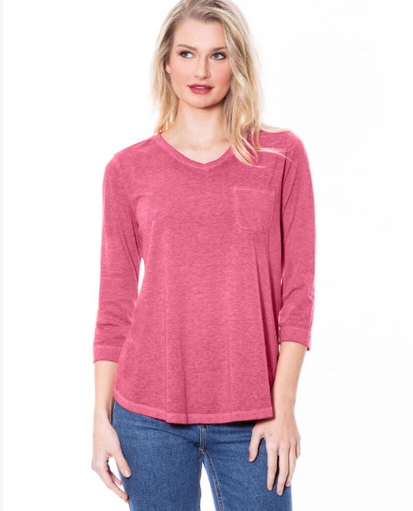 Wanda Top | What a great basic.  3/4 sleeve pocket front v-neck top.  Deep Rose  Machine washable  Available 1X - 3X