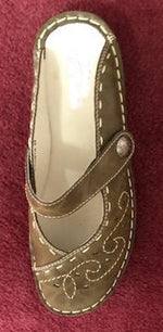 Fiona Embroidered Mule | Mule with white accent stitching available in:  Black  Olive  Mid strap with metallic snap  Flat  Available size 37-41. Size conversion chart listed in pictures.  shown with Gayle purse