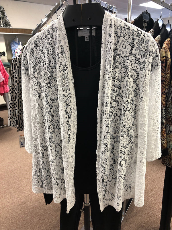 Josie Lace Jacket | See through lace jacket available in:  Black  White  3/4 Sleeve  Small - Extra Large and 1x - 3x  (necklace and earrings sold separately) 