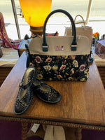 Fiona Embroidered Mule | Mule with white accent stitching available in:  Black  Olive  Mid strap with metallic snap  Flat  Available size 37-41. Size conversion chart listed in pictures.  shown with Gayle purse