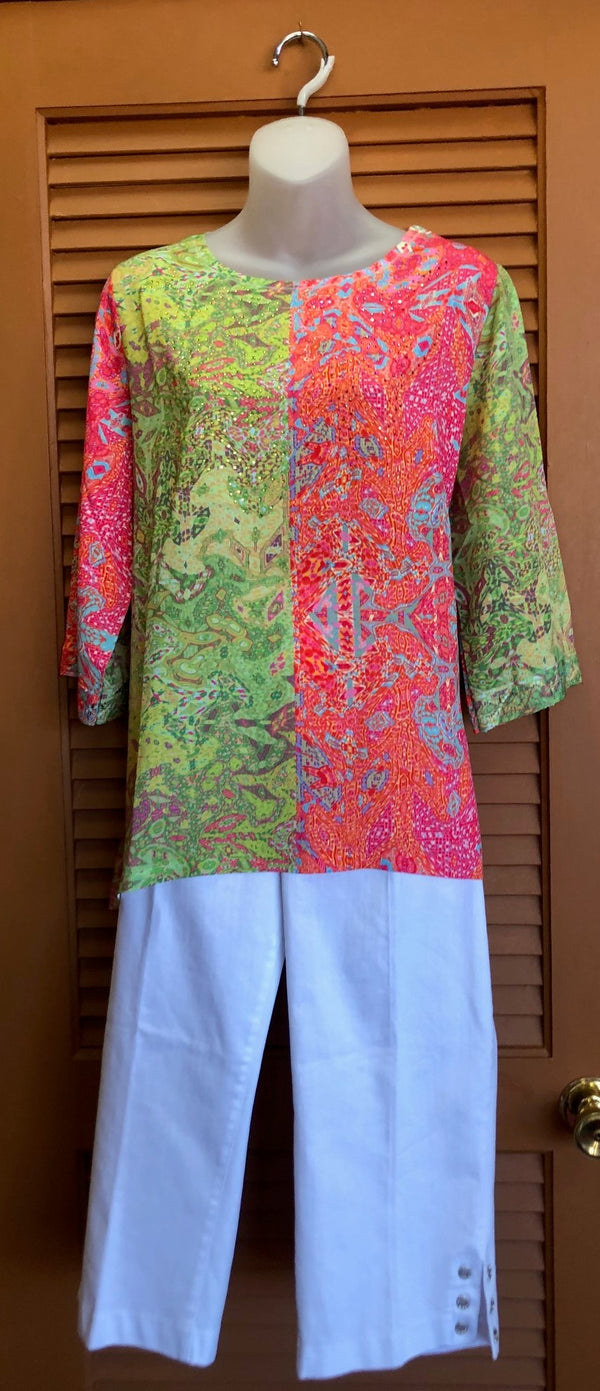 Wendy Damask Top | Bright multicolor damask print top  Color-blocking in limes and fuchsias with sparkle detail  Round neckline  High low  3/4 sleeve with small cutouts   Small - Extra large