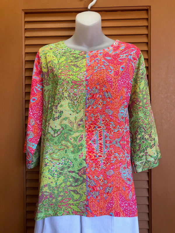 Wendy Damask Top | Bright multicolor damask print top  Color-blocking in limes and fuchsias with sparkle detail  Round neckline  High low  3/4 sleeve with small cutouts   Small - Extra large