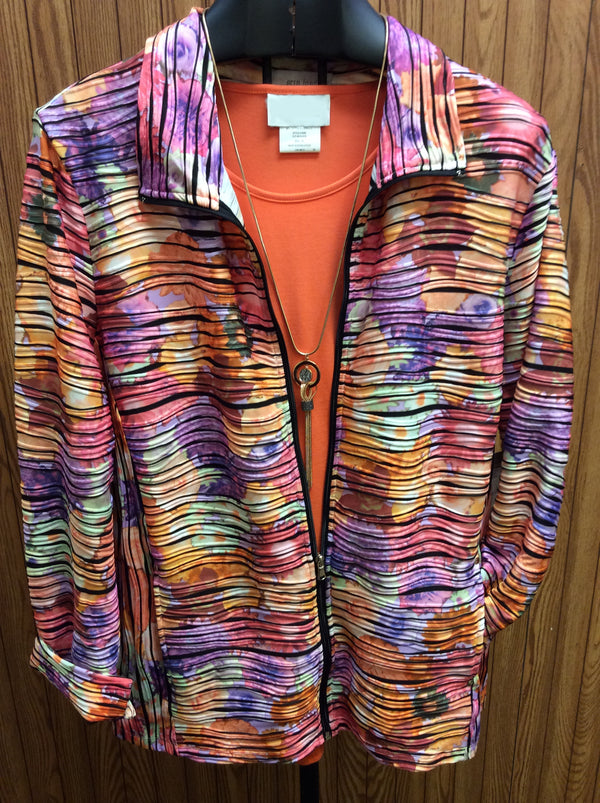 Mindy Floral Wave Jacket | Bright multi color print jacket  Lay down collar  Zip front  Front pockets   Cuffed long sleeve  Machine washable  94% poly 6% spandex  Medium - 3X  (necklace sold separately)