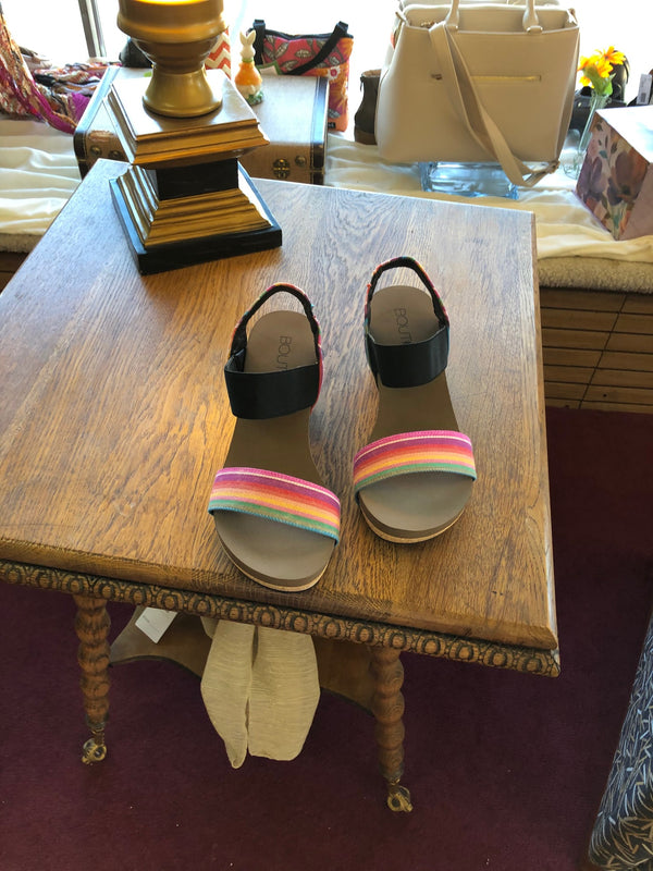 Effie Rainbow Wedge | Rainbow and black wedge  Elastic strap around upper and ankle  Medium cork heel