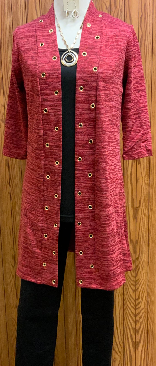 Clara Cardigan | Mid length   Red with flecks of black  Gold rivets down the front  3/4 sleeve  Machine washable  Available Small - Extra Large