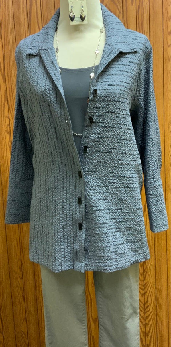 Kay Crinkle Blouse | 6 button down blouse  3 button cuff  2 back detail buttons  Smoke color(blue/grey) with black and grey striping  Machine washable   Available Small - Extra Large