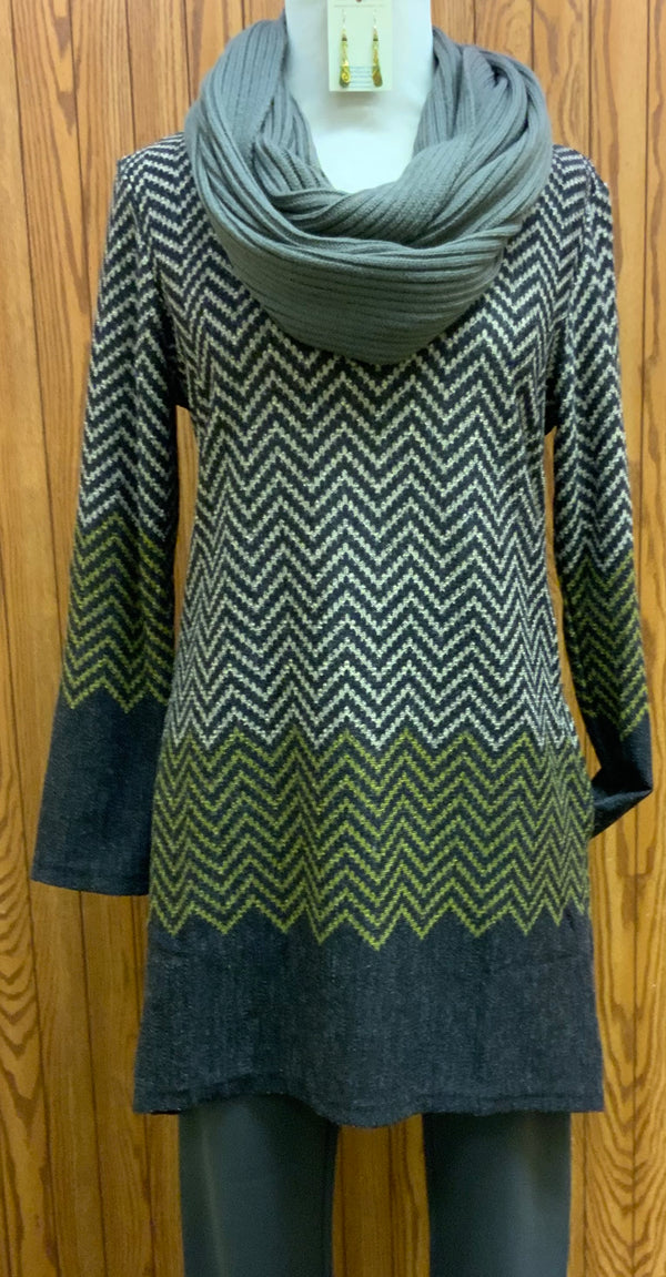 Jena Zigzag Tunic | Long sleeve  Side pockets  Charcoal, tan and lime  Tunic length   Machine washable  Scarf sold separate 