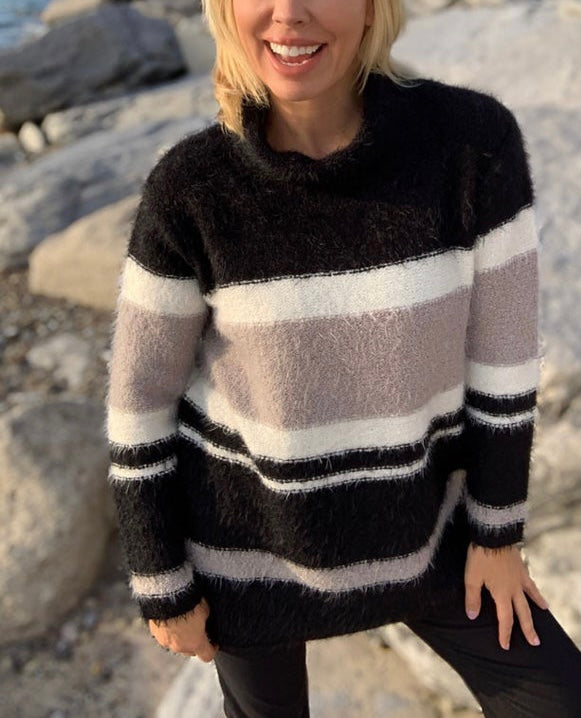 Juliana Stripe Sweater | There is still plenty of time to cozy up in this sweater.  Classic tones in a flattering stripe pattern and cozy cowl neck make this a must have for cold weather dressing.  Black, grey, and ivory  Machine washable   Available Small - Extra Large