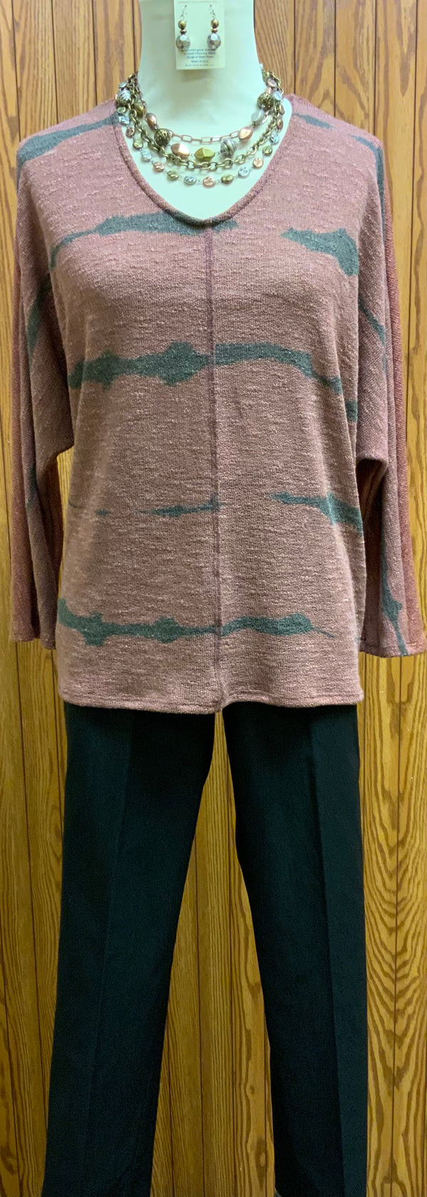Cora Top | Relaxed look, lightweight playful wine tone with grey brush strokes. Distinctive seamage down the front.  V-neck and long dolman sleeve... perfection in a sweater!  Machine washable  Small/Medium and Large/Extra Large