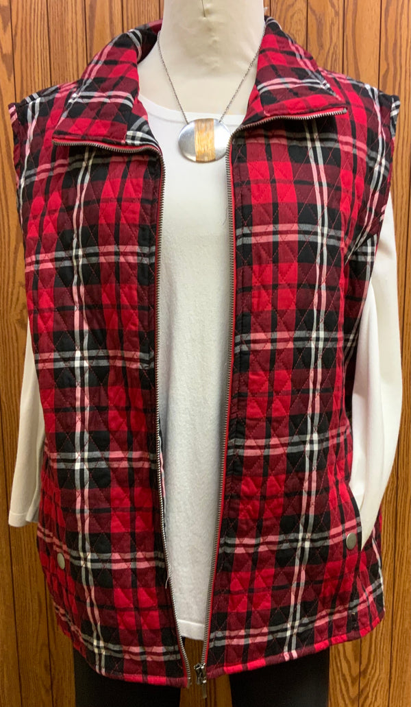 Sara Vest | Plaid   Available in 2 colors - Red, white, black & Red, purple, green, navy tan, black  2 front pockets  Zip front  Machine washable  Available 1X - 3X
