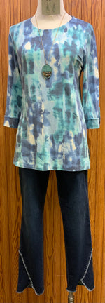 Pauline Top | This vibrant tie dye 3/4 cuffed sleeve top has button detail on the sleeve and side vents.  Super soft  Available in 2 colors - Turquoise/Blue and Teal/Yellow  Machine washable   Available Small - 3X
