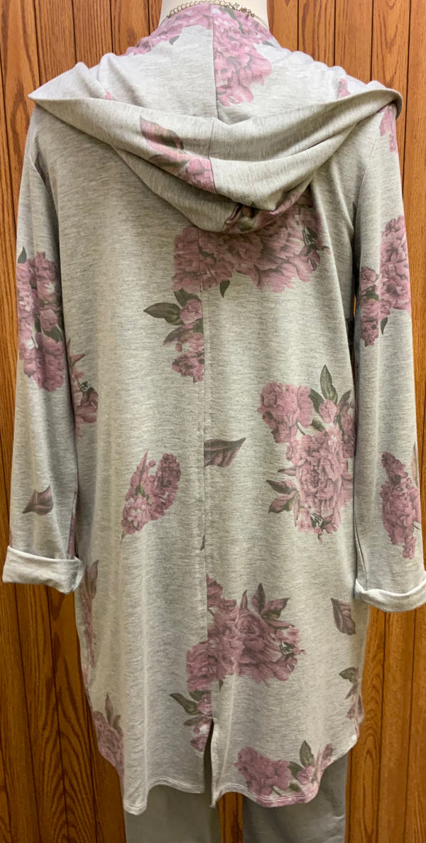 Katie Floral Cardigan | Super soft knit material  Grey, lavender and green  Side pockets  Hooded  Vented back  Long sleeve  Machine washable   Available Small - Extra Large